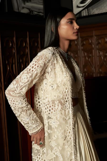 Buy_Istya_Ivory Net, Satin Sequins, Embroidery, Beads V-neck, Embellished Jacket Skirt Set _Online_at_Aza_Fashions