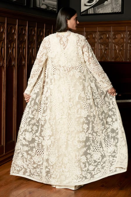 Shop_Istya_Ivory Net, Satin Sequins, Embroidery, Beads V-neck, Embellished Jacket Skirt Set _Online_at_Aza_Fashions