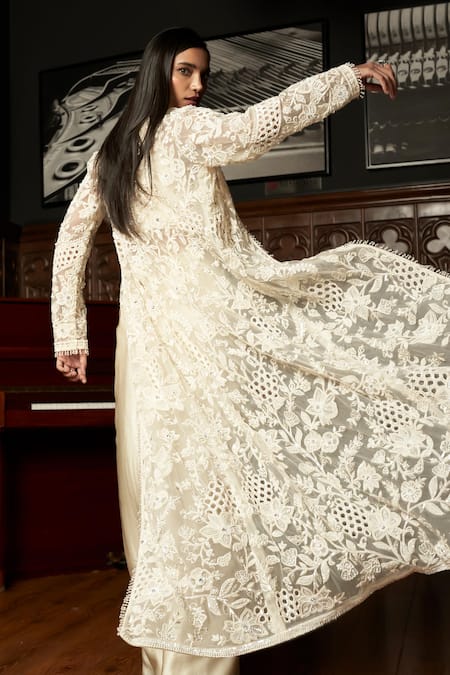 Istya_Ivory Net, Satin Sequins, Embroidery, Beads V-neck, Embellished Jacket Skirt Set _at_Aza_Fashions