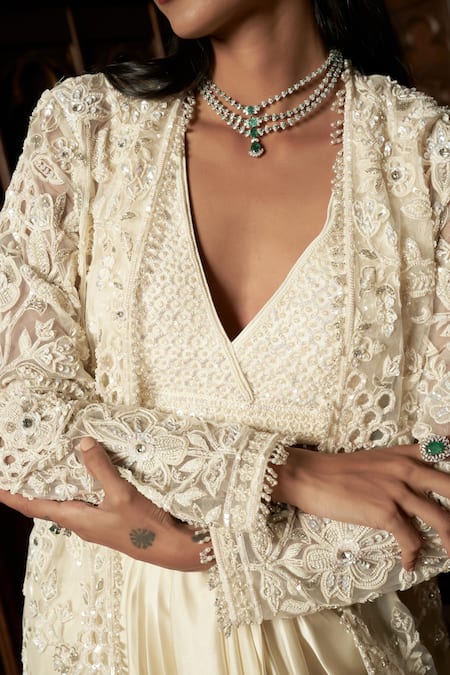 Buy_Istya_Ivory Net, Satin Sequins, Embroidery, Beads V-neck, Embellished Jacket Skirt Set 