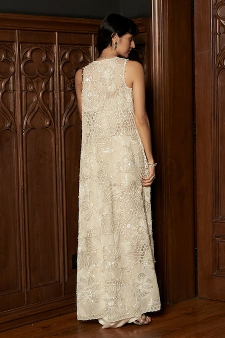 Istya Ivory Embellished Jacket & Draped Skirt Set 