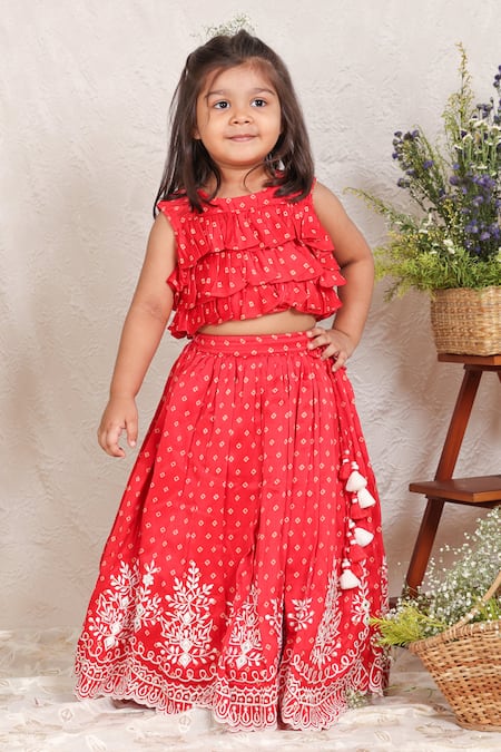 P & S CO Bandhej Pattern Top With Lehenga 