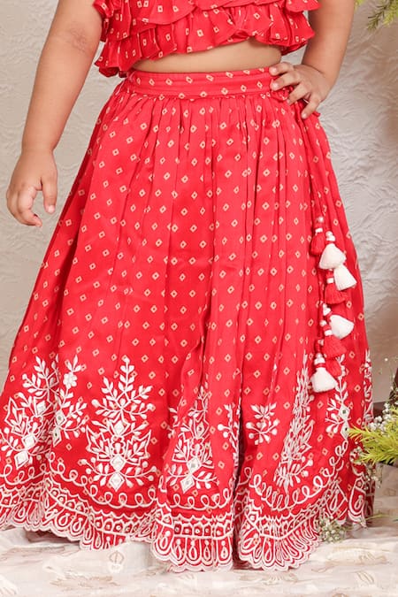 P & S CO_Red Chanderi Tassels Bandhej Pattern Top With Lehenga _Online_at_Aza_Fashions