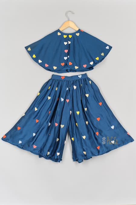 P & S CO Heart Embroidered Poncho Top With Pant 