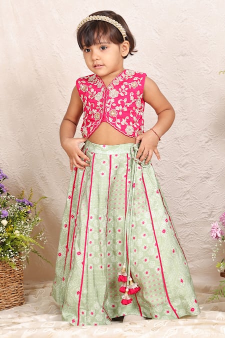 P & S CO Pink Silk Embroidery Floral Blouse With Contrast Lehenga 