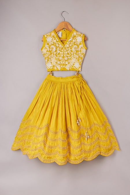 P & S CO Yellow Silk, Cotton Embroidery, Gota Patti, Floral Pattern Top With Lehenga 