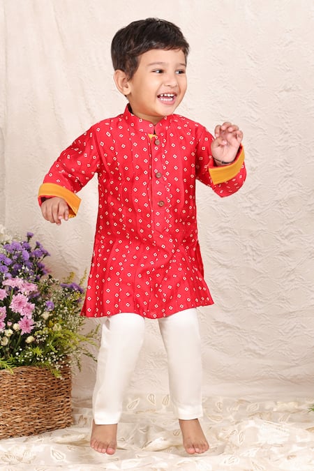 P & S CO Red Chanderi Bandhej Pattern Kurta With Pyjama 