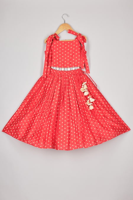 P & S CO Red Chanderi Tassels Bandhej Printed Lehenga With Blouse 
