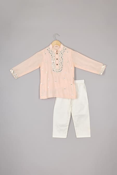 P & S CO Peach Silk Mirrors, Embroidery Kurta And Pajama Set