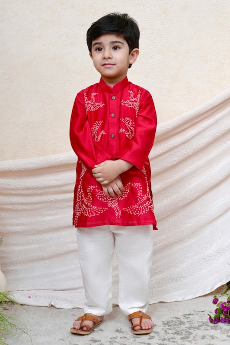 P & S CO Red Chanderi Embroidery Kurta Set