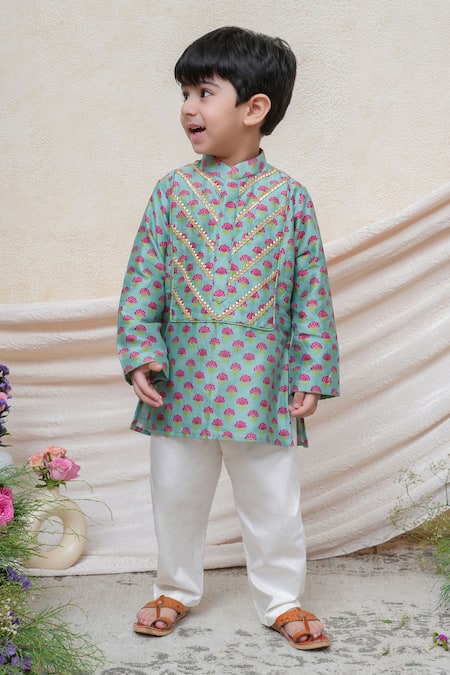 P & S CO Mint Chanderi Gota Patti Printed Kurta Set