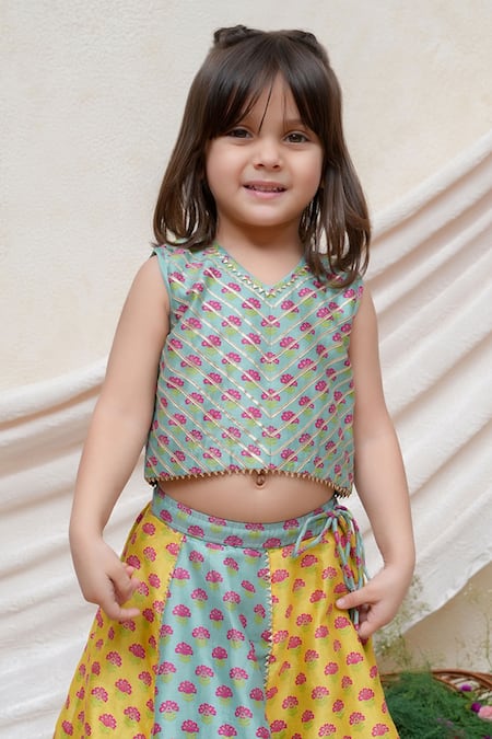 Shop_P & S CO_Mint Chanderi Gota Patti Color Block Printed Lehenga Set _at_Aza_Fashions