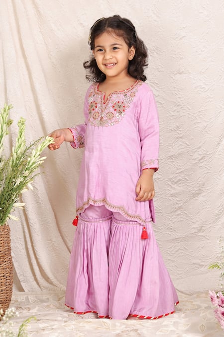 P & S CO Lavender Silk Embroidery, Tassels Kurta And Sharara Set