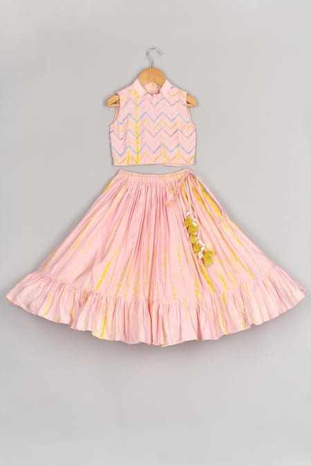 P & S CO Pink Silk Beads, Tassels Chevron Top And Lehenga Set 