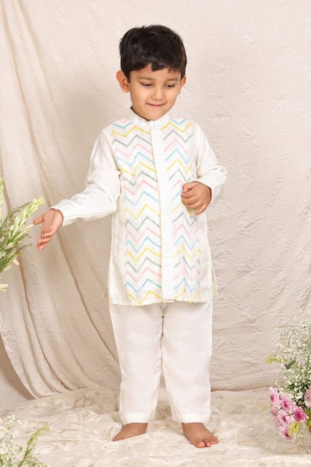 P & S CO Off White Silk Cutdana Work Kurta Set 