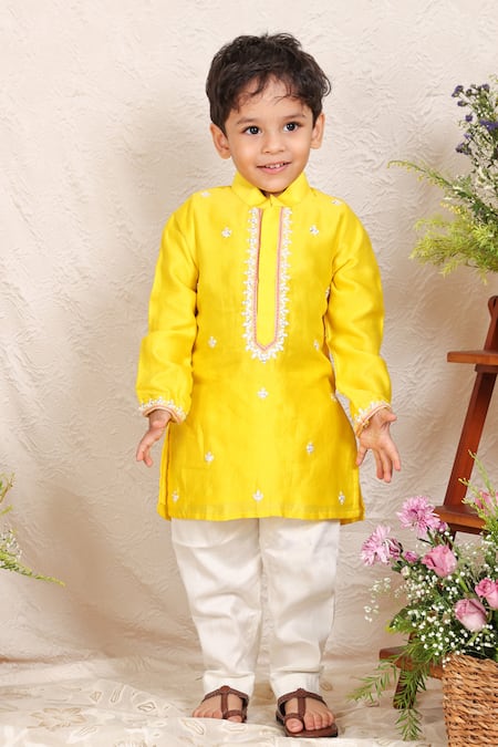 P & S CO Yellow Chanderi Embroidery Thread Work Kurta Set 
