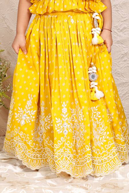 P & S CO_Yellow Chanderi Tassels Ruffled Top And Lehenga Set _Online_at_Aza_Fashions