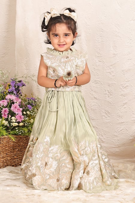 P & S CO Green Brocade, Silk, Tissue Gota Patti, Sequins Embroidered Lehenga Set 