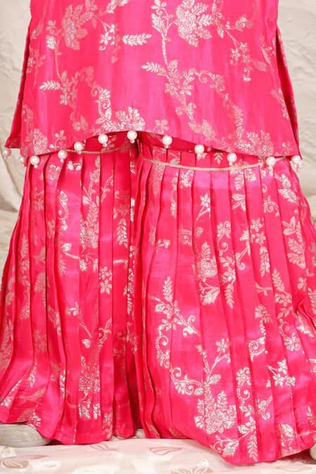 P & S CO_Pink Silk, Brocade Beads, Pearls, Lace Kurta With Sharara _Online_at_Aza_Fashions