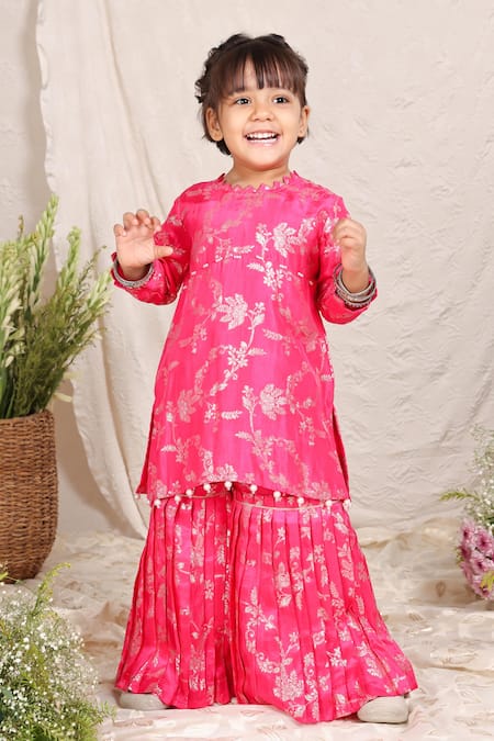P & S CO Pink Silk, Brocade Beads, Pearls, Lace Kurta With Sharara 
