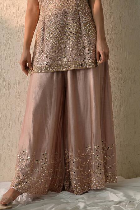 OHH CROW Pink Chanderi Silk, Organza Sequins, Beads, Embroidery V-neck Hand Kurta Set Online at Aza Fashions OHH CROW_Pink Chanderi Silk, Organza Sequins, Beads, Embroidery V-neck Hand Kurta Set _Online_at_Aza_Fashions