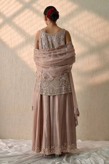 Shop OHH CROW Pink Chanderi Silk, Organza Sequins, Beads, Embroidery V-neck Hand Kurta Set at Aza Fashions Shop_OHH CROW_Pink Chanderi Silk, Organza Sequins, Beads, Embroidery V-neck Hand Kurta Set _at_Aza_Fashions