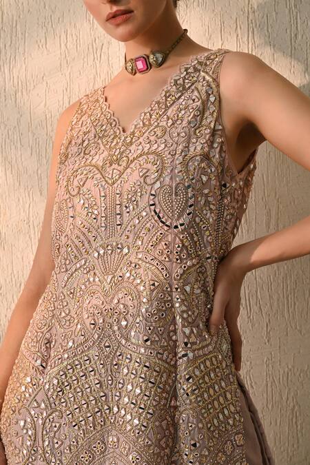 Buy OHH CROW Pink Chanderi Silk, Organza Sequins, Beads, Embroidery V-neck Hand Kurta Set Online at Aza Fashions Buy_OHH CROW_Pink Chanderi Silk, Organza Sequins, Beads, Embroidery V-neck Hand Kurta Set _Online_at_Aza_Fashions