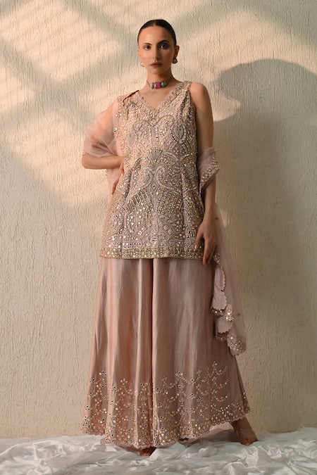 Ohh Crow Pink Chanderi Silk, Organza Sequins, Beads, Embroidery V-neck Hand Kurta Set 