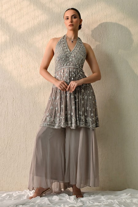 Ohh Crow Gray Georgette Embroidery, Beads, Sequins Halter Neck Monsoon Mist Kurta Set 