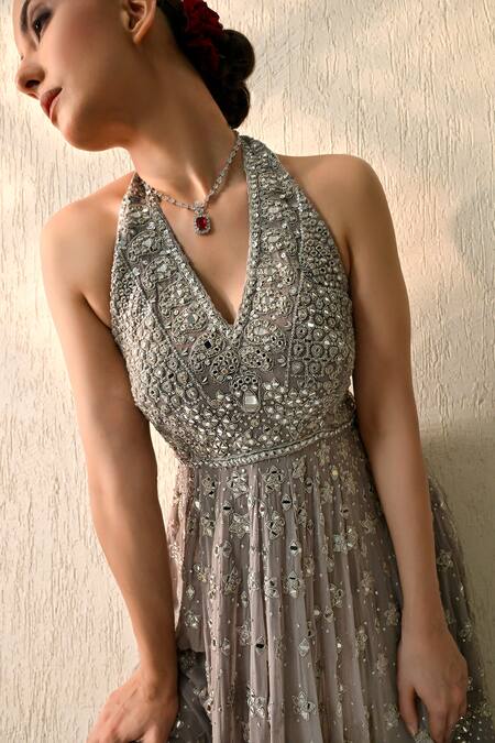 OHH CROW Gray Georgette Embroidery, Beads, Sequins Halter Neck Monsoon Mist Kurta Set Online at Aza Fashions OHH CROW_Gray Georgette Embroidery, Beads, Sequins Halter Neck Monsoon Mist Kurta Set _Online_at_Aza_Fashions