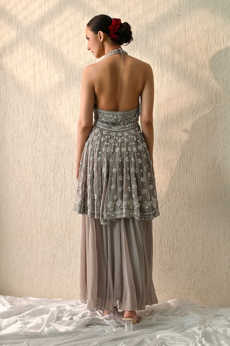 Shop OHH CROW Gray Georgette Embroidery, Beads, Sequins Halter Neck Monsoon Mist Kurta Set at Aza Fashions Shop_OHH CROW_Gray Georgette Embroidery, Beads, Sequins Halter Neck Monsoon Mist Kurta Set _at_Aza_Fashions