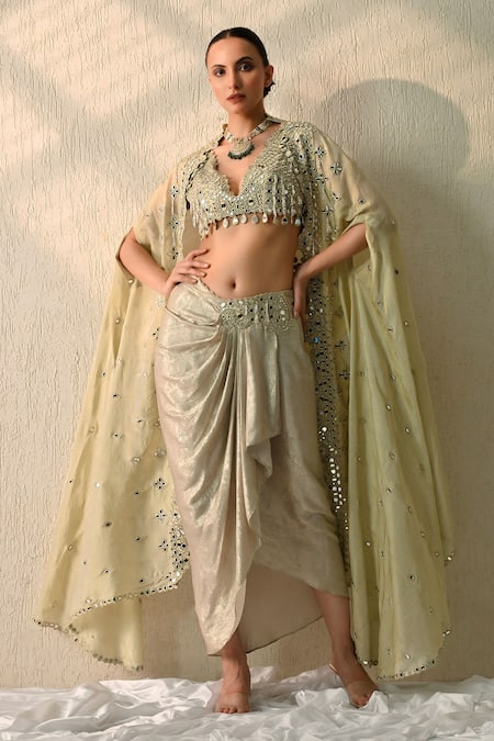 Ohh Crow Gold Silk Beads, Sequins Round Neck, Hand Embroidered Cape Skirt Set 