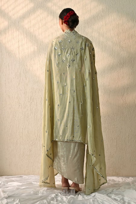 Shop_OHH CROW_Gold Silk Beads, Sequins Round Neck, Hand Embroidered Cape Skirt Set _at_Aza_Fashions