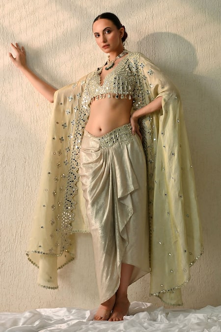 Buy_OHH CROW_Gold Silk Beads, Sequins Round Neck, Hand Embroidered Cape Skirt Set _Online_at_Aza_Fashions