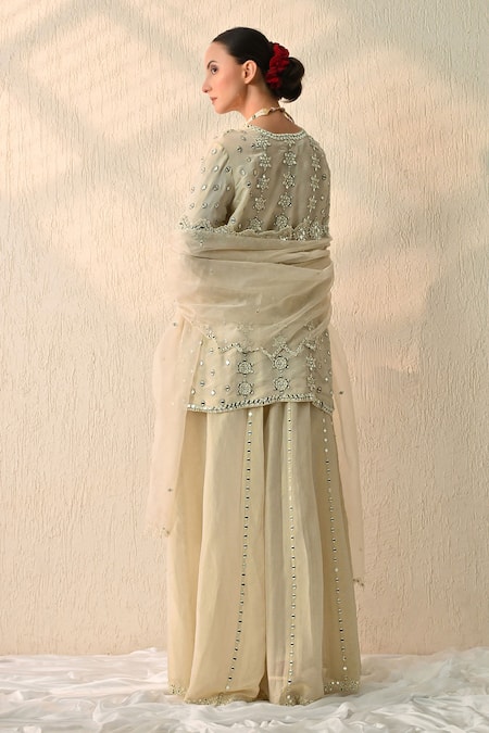 Shop OHH CROW White Chanderi Silk Sequins V-neck Vanilla Embroidered Kurta Sharara Set at Aza Fashions Shop_OHH CROW_White Chanderi Silk Sequins V-neck Vanilla Embroidered Kurta Sharara Set _at_Aza_Fashions