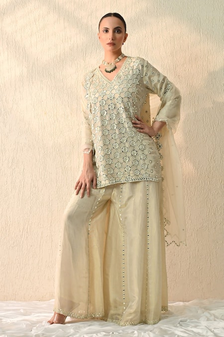 OHH CROW White Chanderi Silk Sequins V-neck Vanilla Embroidered Kurta Sharara Set Online at Aza Fashions OHH CROW_White Chanderi Silk Sequins V-neck Vanilla Embroidered Kurta Sharara Set _Online_at_Aza_Fashions
