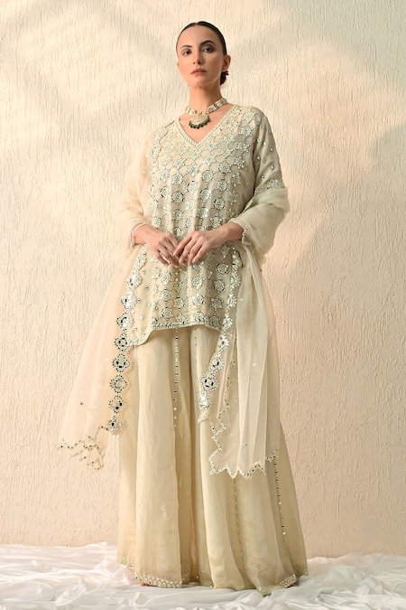 Ohh Crow White Chanderi Silk Sequins V-neck Vanilla Embroidered Kurta Sharara Set 