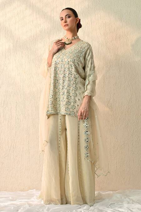 Buy OHH CROW White Chanderi Silk Sequins V-neck Vanilla Embroidered Kurta Sharara Set Online at Aza Fashions Buy_OHH CROW_White Chanderi Silk Sequins V-neck Vanilla Embroidered Kurta Sharara Set _Online_at_Aza_Fashions