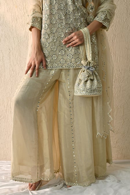 OHH CROW White Chanderi Silk Sequins V-neck Vanilla Embroidered Kurta Sharara Set at Aza Fashions OHH CROW_White Chanderi Silk Sequins V-neck Vanilla Embroidered Kurta Sharara Set _at_Aza_Fashions