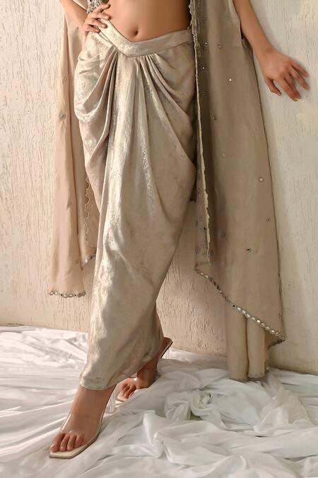 OHH CROW Rose Gold Tissue, Silk Sequins, Beads Open Neck, Embroidered Cape And Skirt Set Online at Aza Fashions OHH CROW_Rose Gold Tissue, Silk Sequins, Beads Open Neck, Embroidered Cape And Skirt Set _Online_at_Aza_Fashions