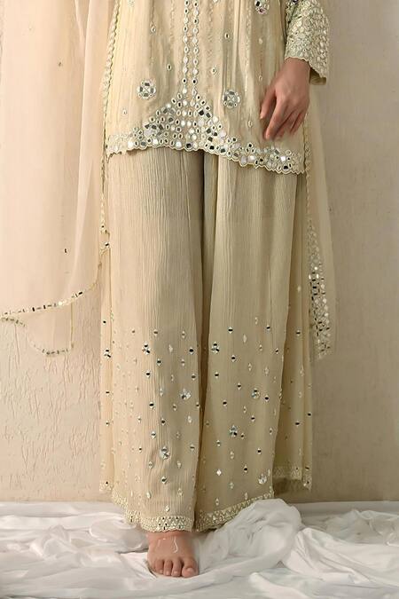 OHH CROW_Off White Chanderi Silk Sequins, Embroidery, Beads Round Neck Hand Kurta Set _Online_at_Aza_Fashions