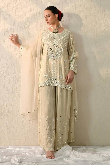 Shop_OHH CROW_Off White Chanderi Silk Sequins, Embroidery, Beads Round Neck Hand Kurta Set _Online_at_Aza_Fashions