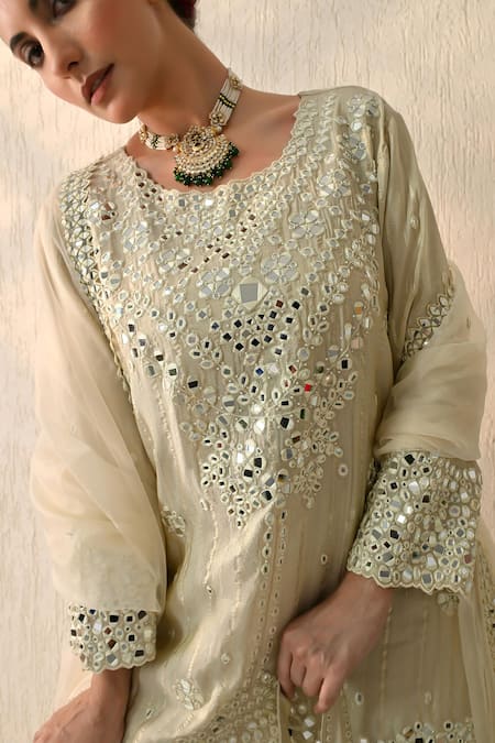 Shop_OHH CROW_Off White Chanderi Silk Sequins, Embroidery, Beads Round Neck Hand Kurta Set 