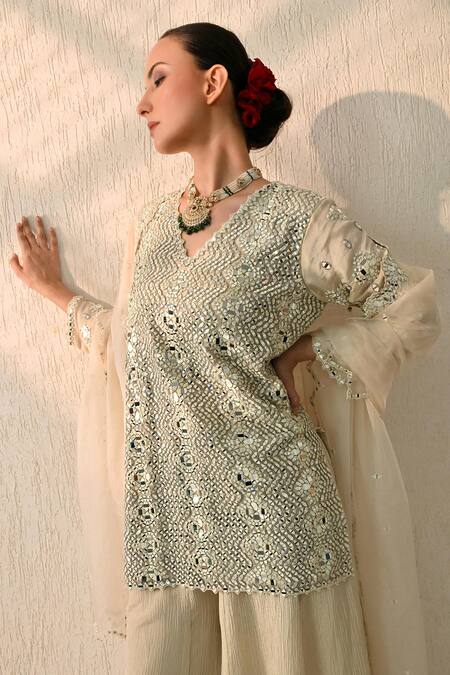OHH CROW_Cream Chanderi Silk Embroidery, Mirrors V-neck Kurta Sharara Set _Online_at_Aza_Fashions