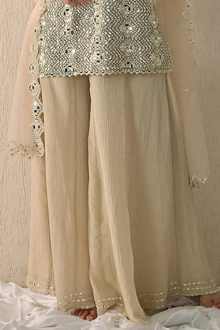 Shop_OHH CROW_Cream Chanderi Silk Embroidery, Mirrors V-neck Kurta Sharara Set _Online_at_Aza_Fashions