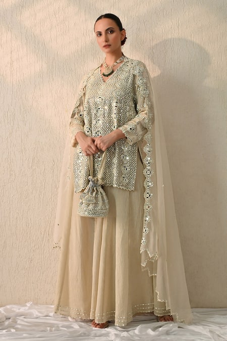 OHH CROW_Cream Chanderi Silk Embroidery, Mirrors V-neck Kurta Sharara Set _at_Aza_Fashions