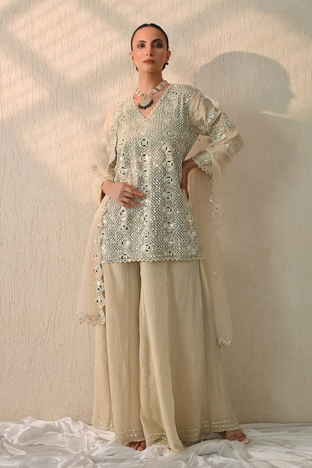 Ohh Crow Cream Chanderi Silk Embroidery, Mirrors V-neck Kurta Sharara Set 