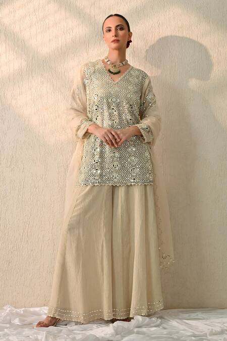 Buy_OHH CROW_Cream Chanderi Silk Embroidery, Mirrors V-neck Kurta Sharara Set 