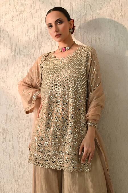 OHH CROW_Brown Chanderi Silk Mirrors Round Neck Floral Work Kurta Sharara Set _Online_at_Aza_Fashions