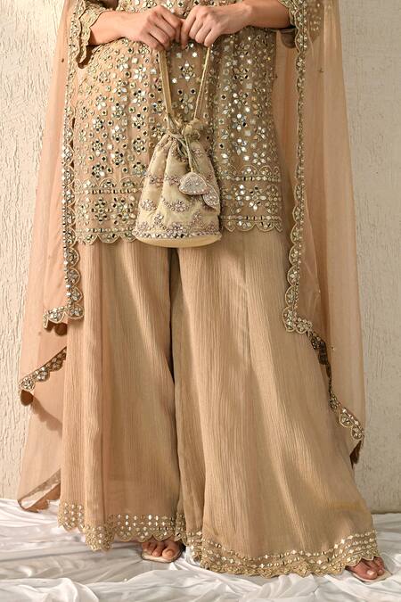 Buy_OHH CROW_Brown Chanderi Silk Mirrors Round Neck Floral Work Kurta Sharara Set _Online_at_Aza_Fashions